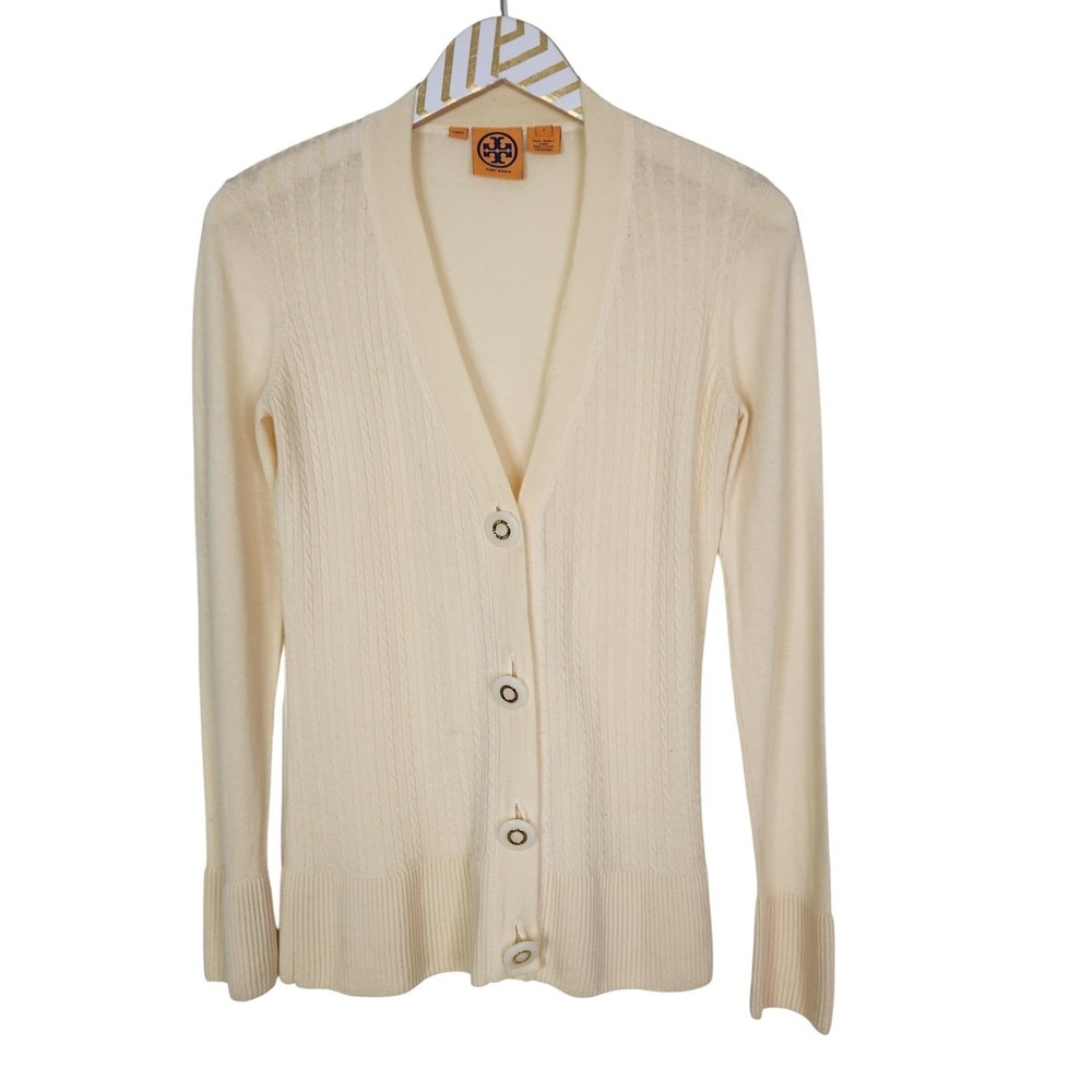 TORY BURCH Sweater Womens Small Cream Wool‎ Cable Knit Button Cardigan V Neck